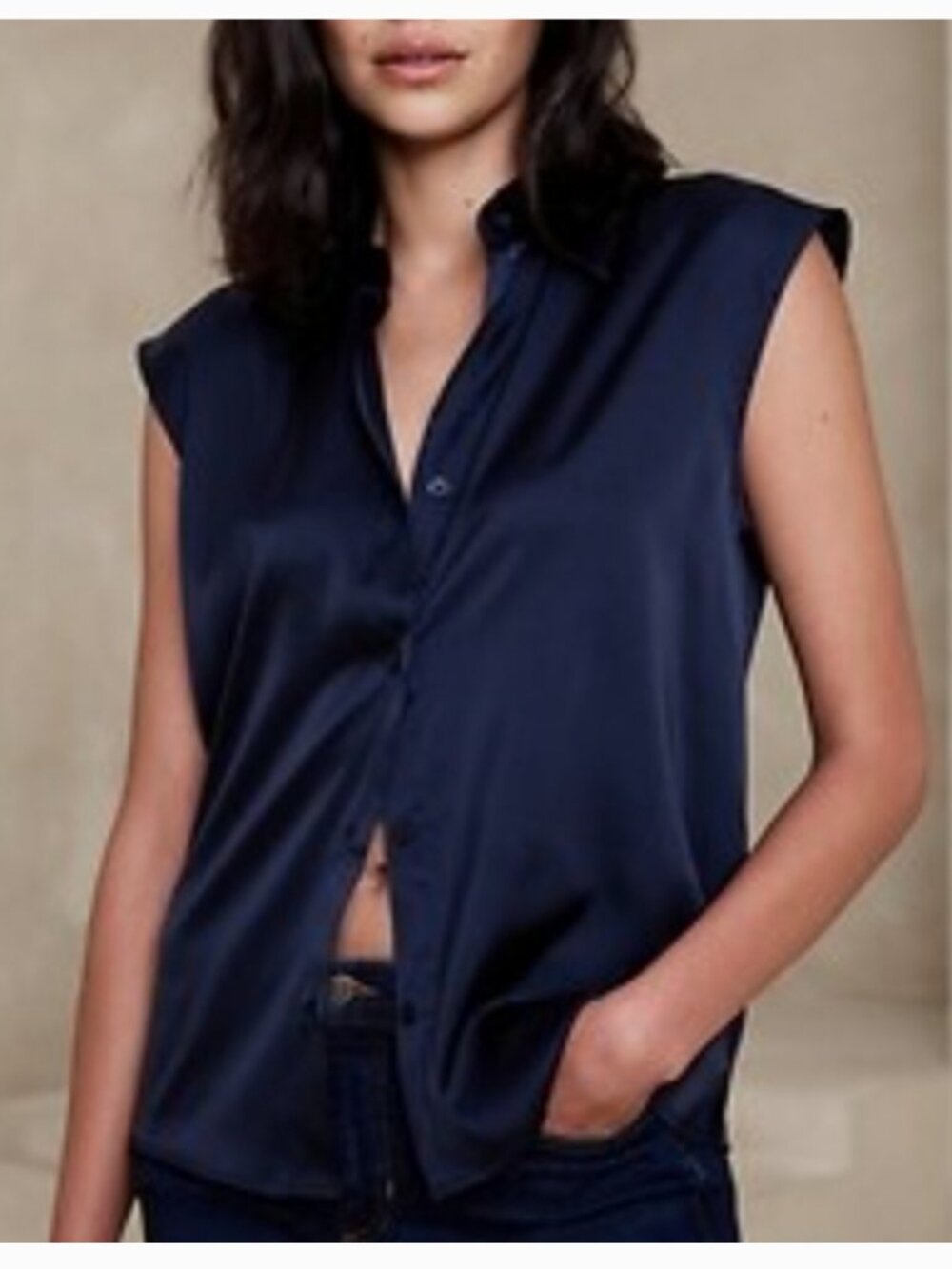 Navy Banana Republic Silky Sleeveless Button Up Collared Top XXS